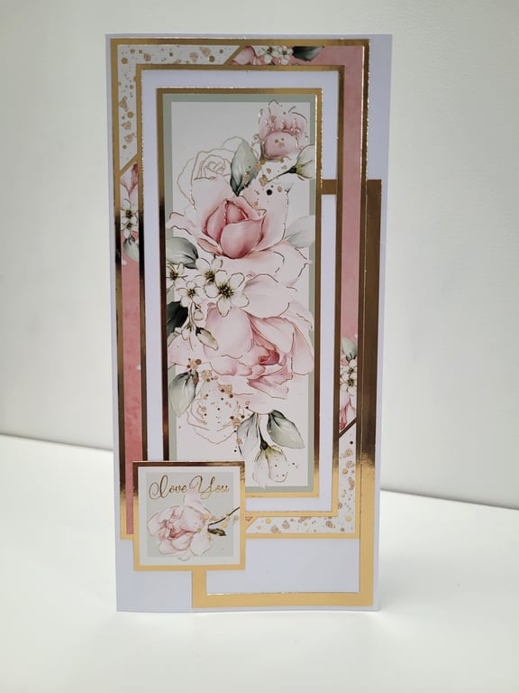 Love You - Roses - Slimline Valentines Day Card or Anniversary Card