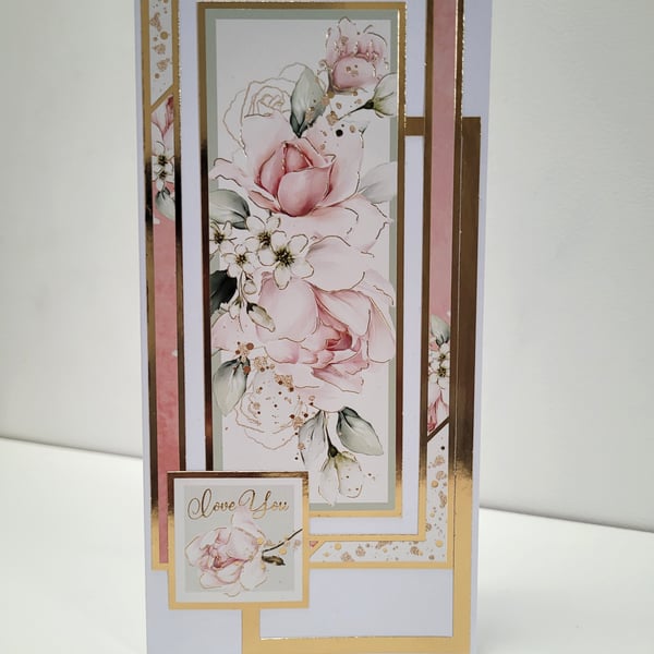 Love You - Roses - Slimline Valentines Day Card or Anniversary Card