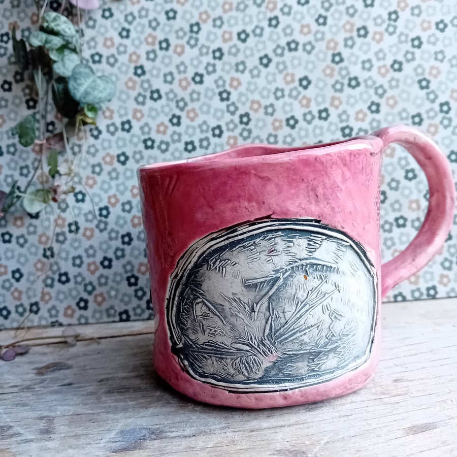 Ceramic handmade coffee mug sleeping cat pink