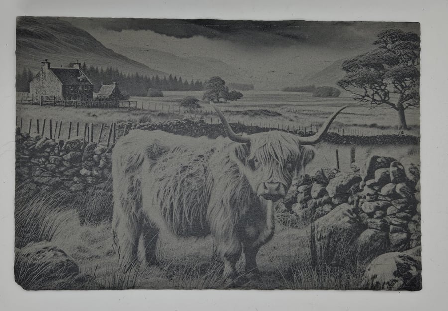 Image of Highland Cow Slate Serving Platter, 30x20cm Engraved Scottish Serving Board, Rus
