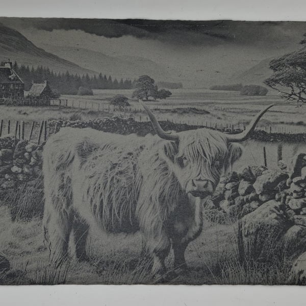Highland Cow Slate Serving Platter, 30x20cm Engraved Scottish Serving Board, Rus