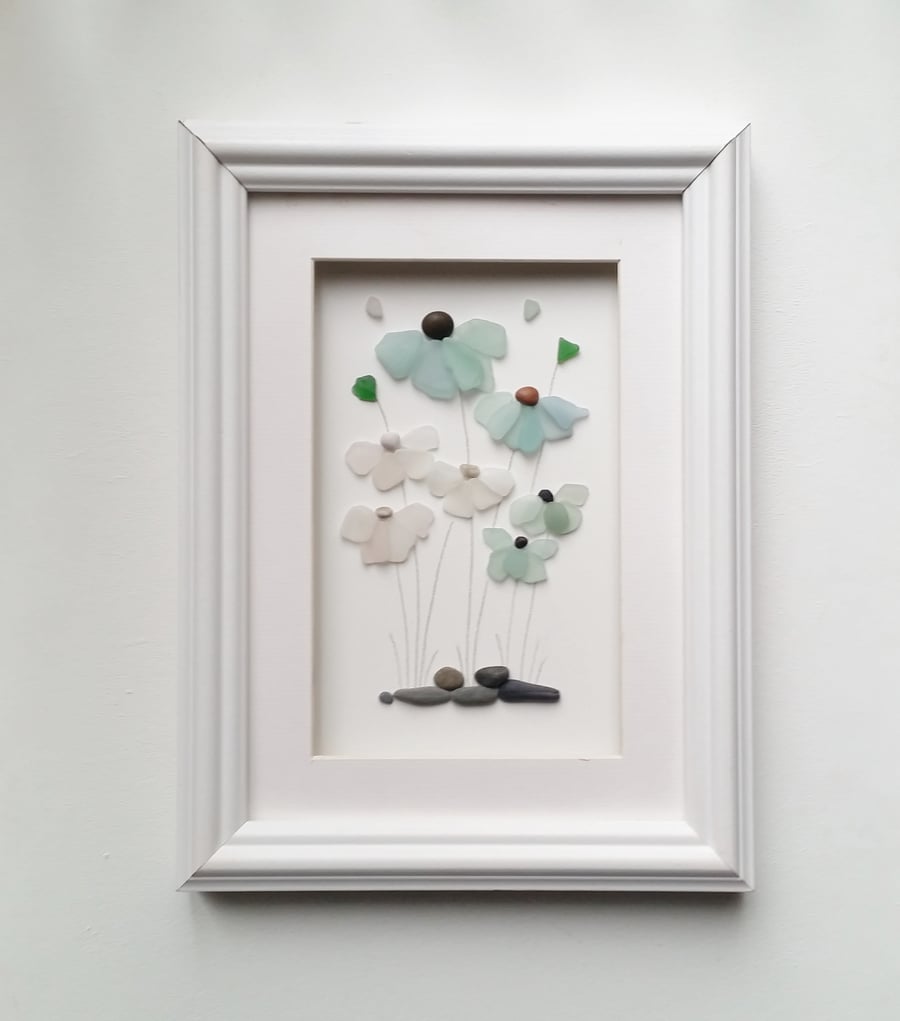 Sea Glass Flowers, Unusual Gifts for Women, Framed Wall Art, Made in Cornwall