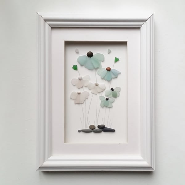 Sea Glass Flowers, Unusual Gifts for Women, Framed Wall Art, Made in Cornwall
