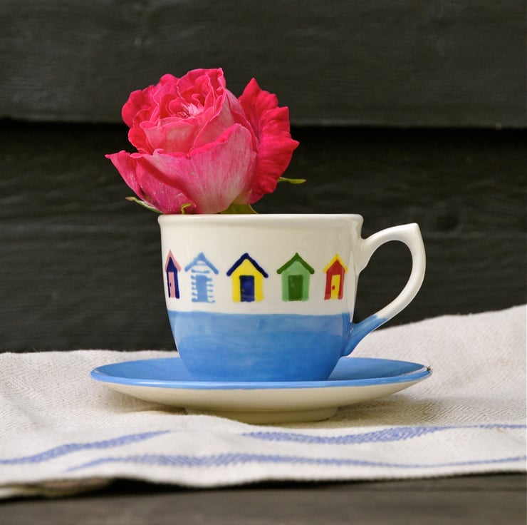 Beach Huts Cup and Saucer - Hand Painted - Folksy
