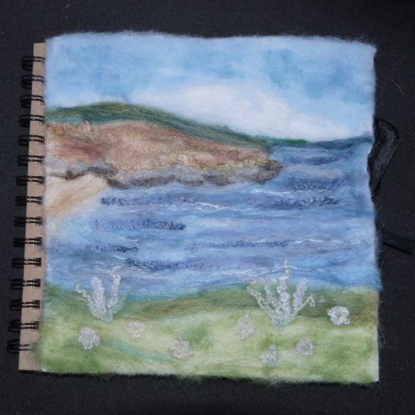 8 x 8 inch kraft spiral bound scrapbook with needle felted coastal cover