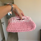 Handmade pink and white crochet clutch bag 
