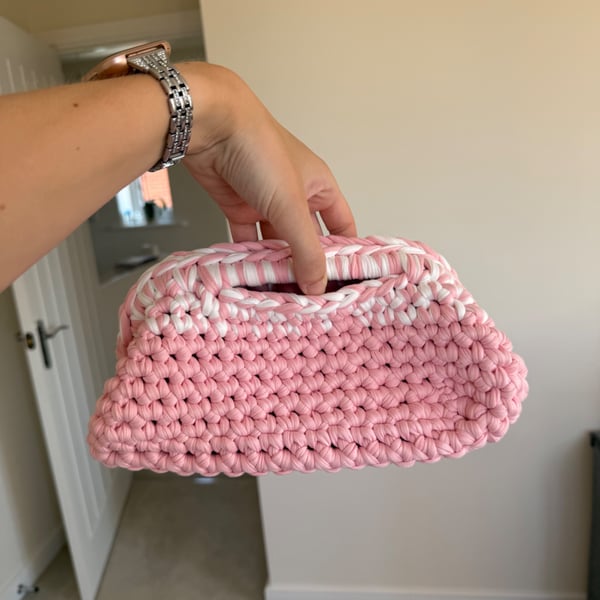 Handmade pink and white crochet clutch bag 
