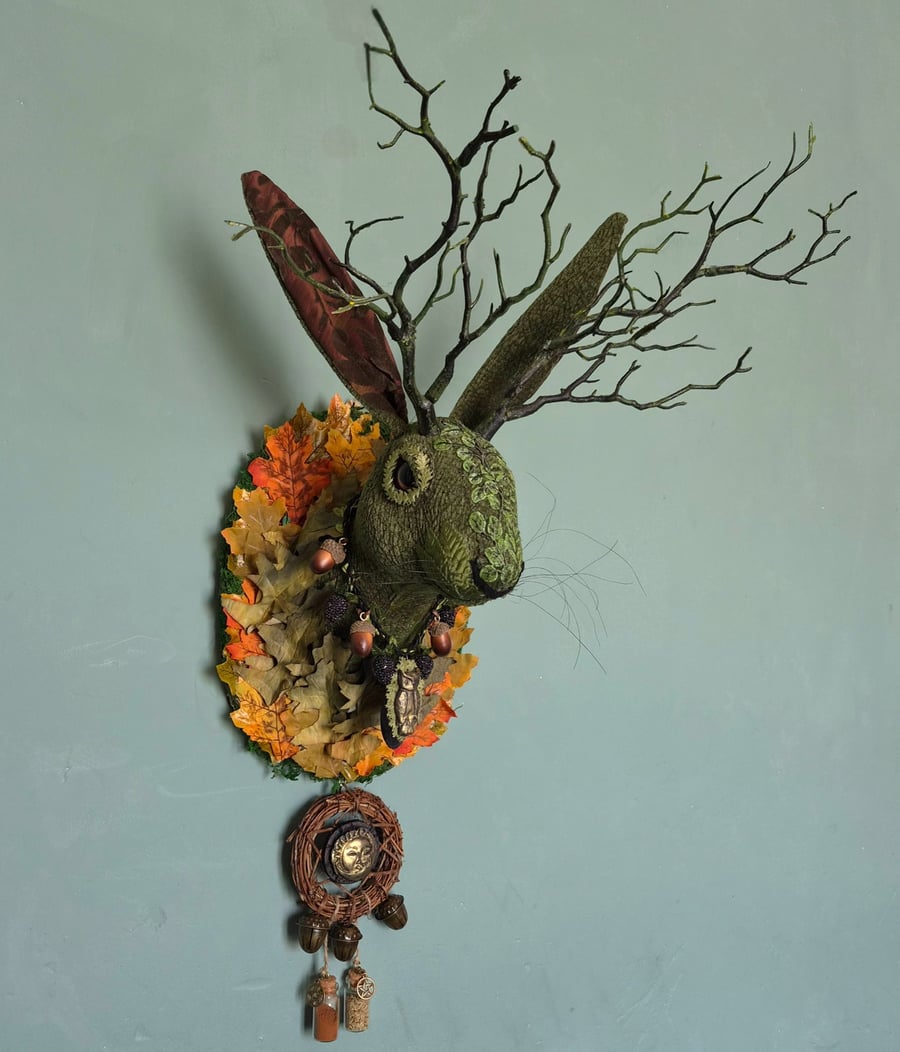 Autumn Equinox Folklore spirit jackalope with twig antlers   - Green Jack