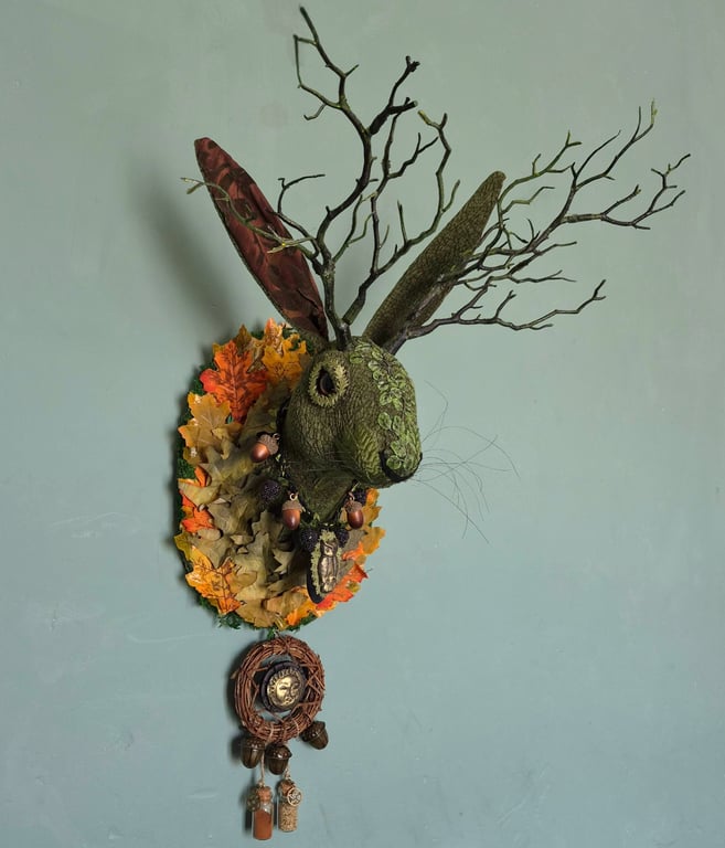Autumn Equinox Folklore spirit jackalope with twig antlers   - Green Jack