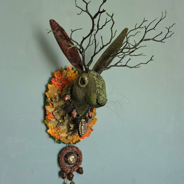 Autumn Equinox Folklore spirit jackalope with twig antlers   - Green Jack