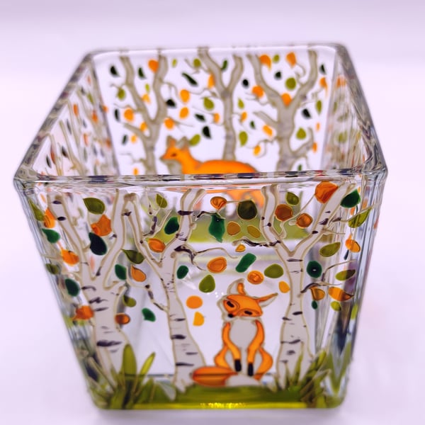 Hand painted glass candle holder, foxes in the autumn birch woods