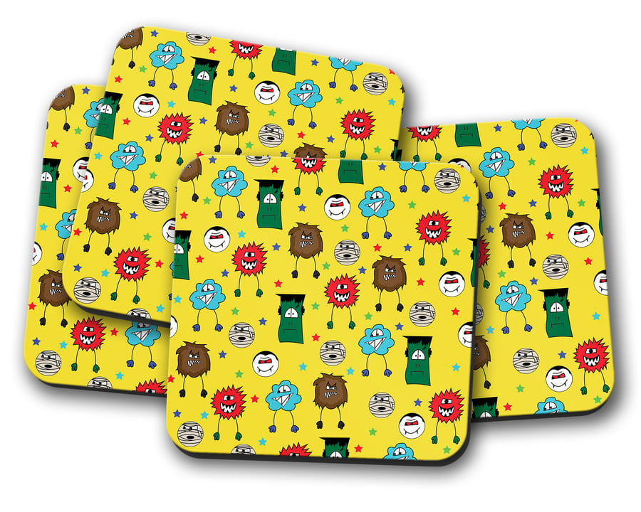 Set of 4 Yellow with Multicoloured Monsters Design Coasters