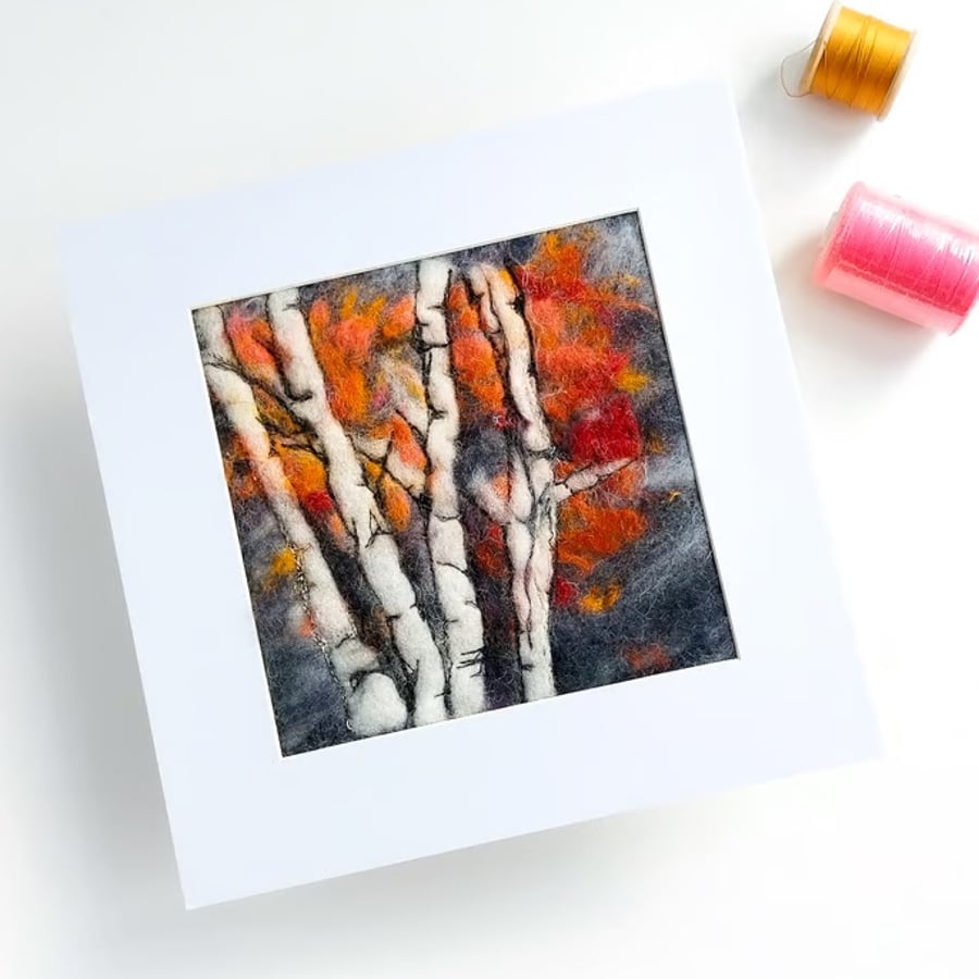  Original wool felt and stitch painting of Silver Birch trees 