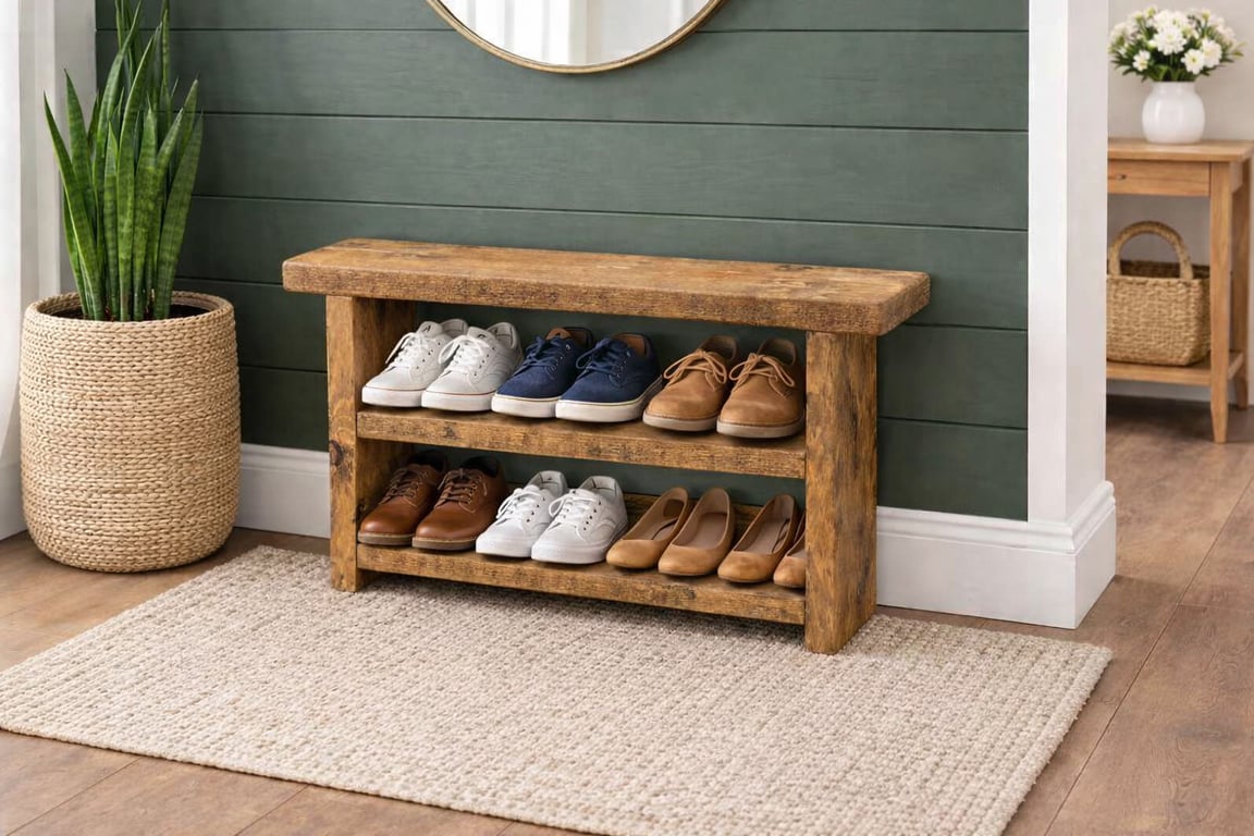 Reclaimed Timber Shoe Rack Handmade Rustic Hallway Storage Unit (Solid Wood)