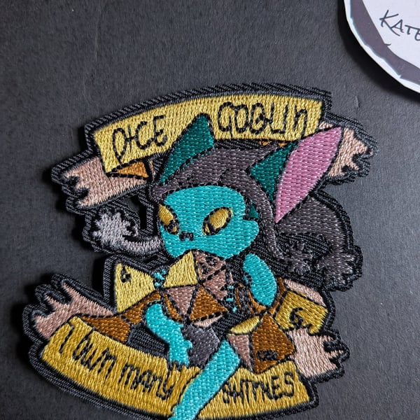 Dice Goblin I Own Many Shinies Embroidered Iron-On Patch - 8.5x7.5cm
