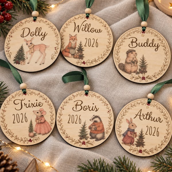 Personalised Family Christmas Bauble,Woodland Christmas Decoration
