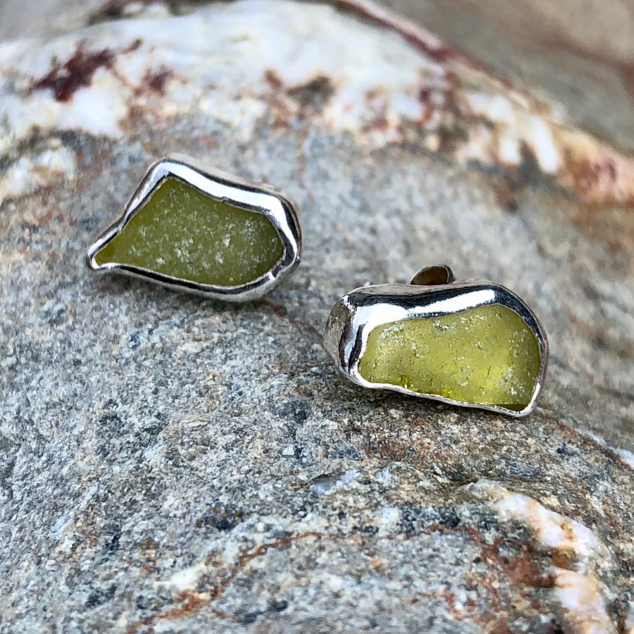Olive Yellow Sea Glass and Sterling Silver Stud Earrings - 1032