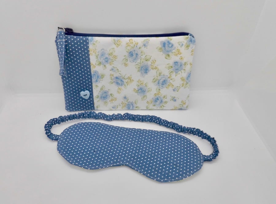 CLEARANCE Make up purse blue floral with matching sleep mask eye mask
