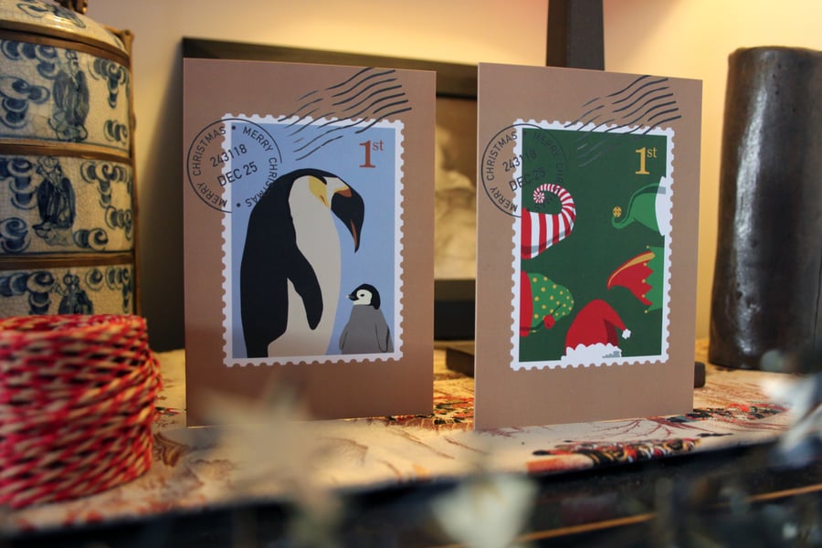 Stamp Christmas Card Pack - Penguin, Hats, Dinner