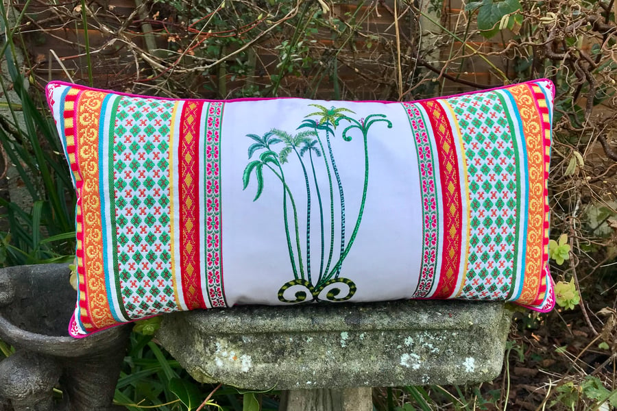 Jungle palms  Bolster Cushion. Embroidery lumbar pillow. Mother’s Day gift.