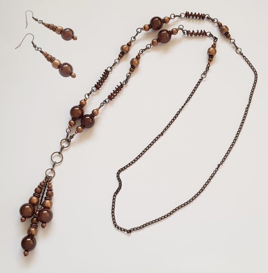 Long Copper Bronze Miracle Bead Necklace And Earrings Set - Wirework Jewellery