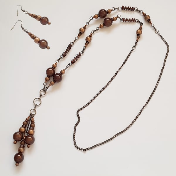 Long Copper Bronze Miracle Bead Necklace And Earrings Set - Wirework Jewellery