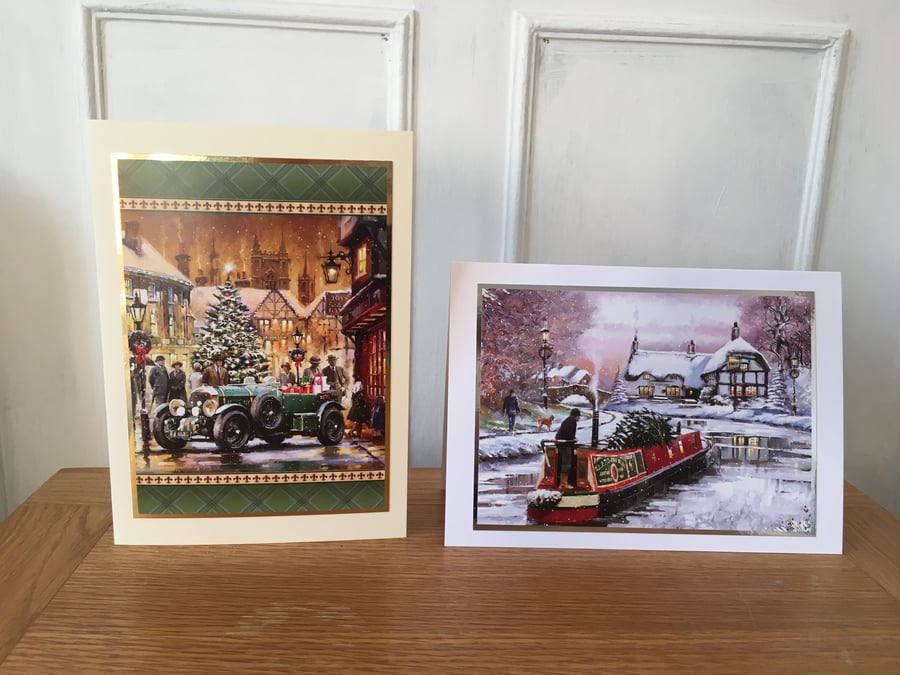 Set of 2 x Car and Canal Boat Christmas Cards