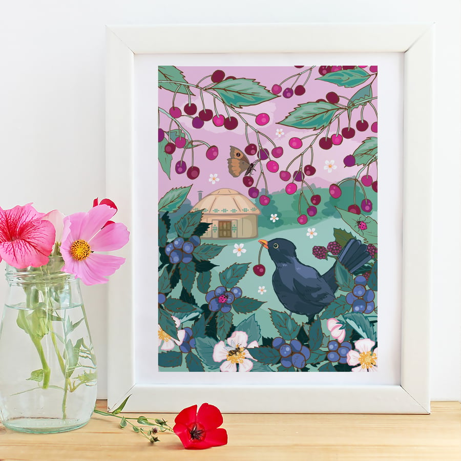 Blackbird Cherry Thief and Yurt Art Print