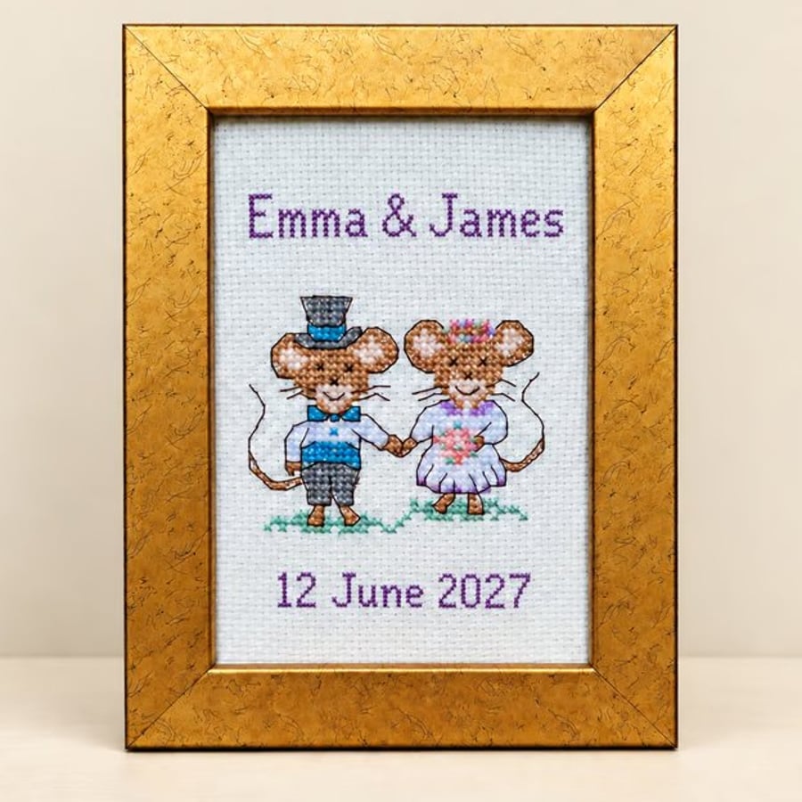 Image of Personalised Wedding Mice Cross Stitch – Framed Keepsake
