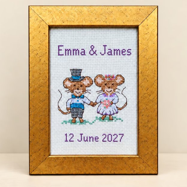 Personalised Wedding Mice Cross Stitch – Framed Keepsake