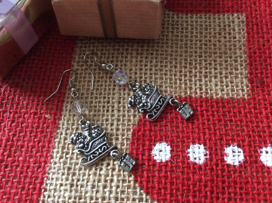Christmas Novelty Tibetan Silver Crystal Santa Sleigh Earrings