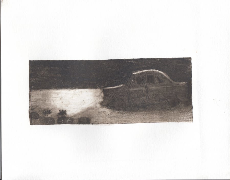 Hand-pulled collagraph car and lotus pond tetrapak print wall art in sepia