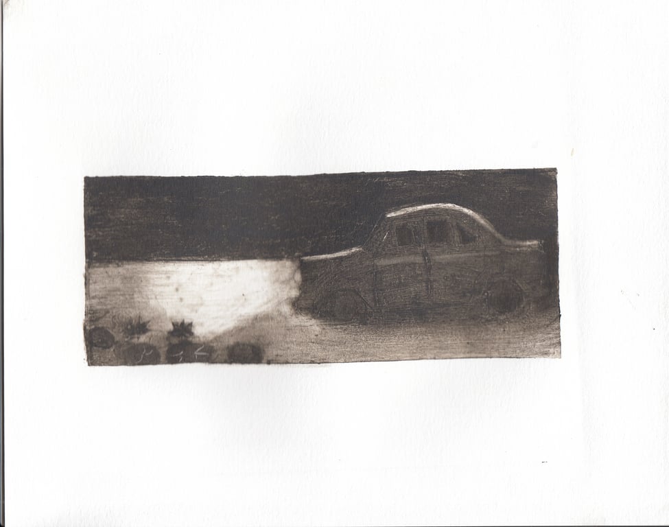 Hand-pulled collagraph car and lotus pond tetrapak print wall art in sepia