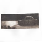 Hand-pulled collagraph car and lotus pond tetrapak print wall art in sepia
