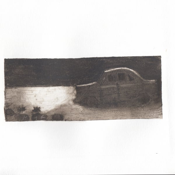 Hand-pulled collagraph car and lotus pond tetrapak print wall art in sepia