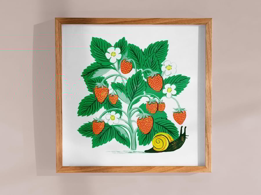 Strawberry Plant and Snail Art Print: Gardener Illustration