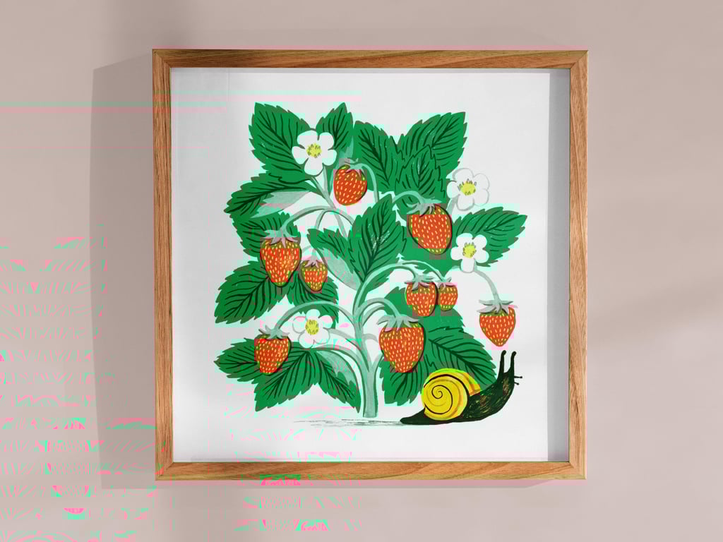 Strawberry Plant and Snail Art Print: Gardener Illustration