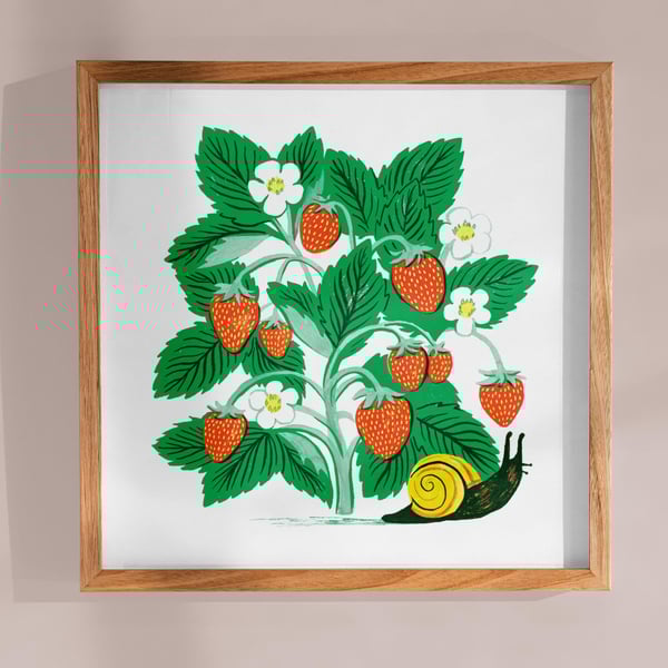 Strawberry Plant and Snail Art Print: Gardener Illustration
