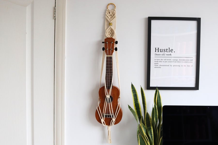 Macrame Ukulele Wall Hanger, Bamboo Black Gold Beaded Stand, Guitar Wall Decor M