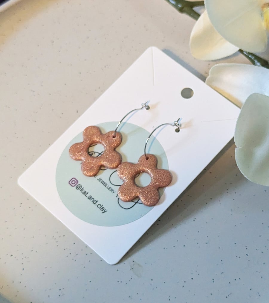 Floral Hoop Earrings - Rose Gold Glitter