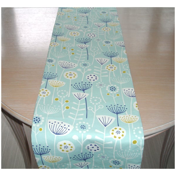 4ft Table Runner Duck Egg Navy Blue Yellow Ochre Scandi Seedhead Flowers