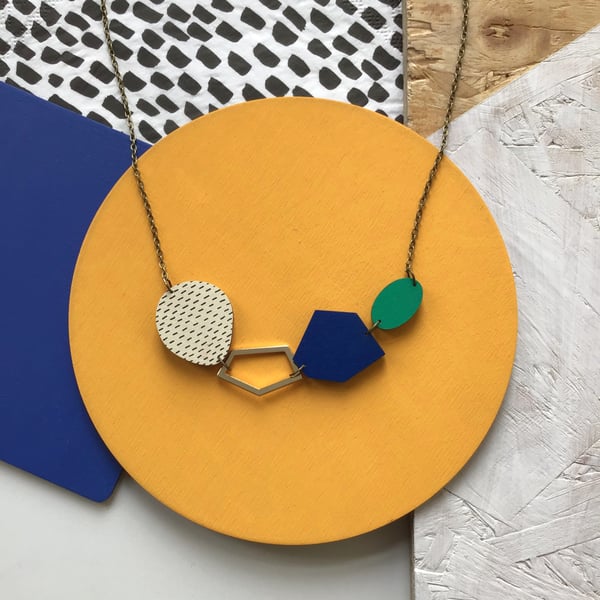 Abstract Geometric Gem Wooden Statement Necklace