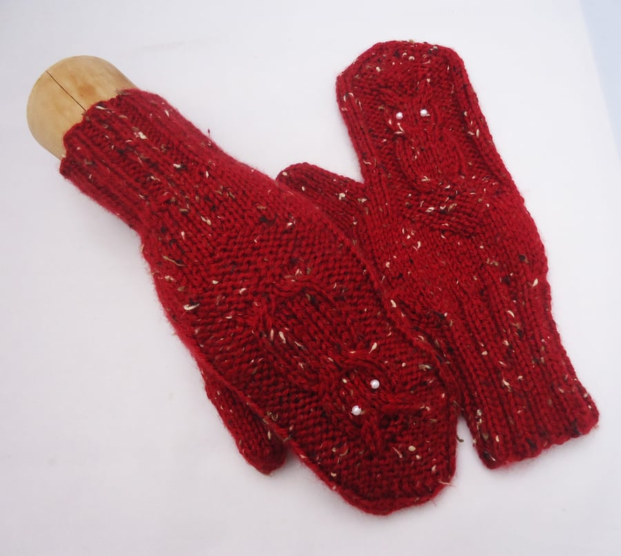 Owl Mittens, Hand Knit Owl Mittens, Cable Mittens in Red