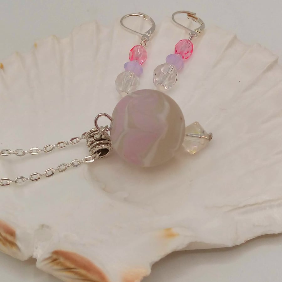Pink Glass Ball and Bicone Beaded Pendant with Matching Crystal Earrings
