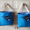 Bee and Delphinium fabric storage basket - Blue