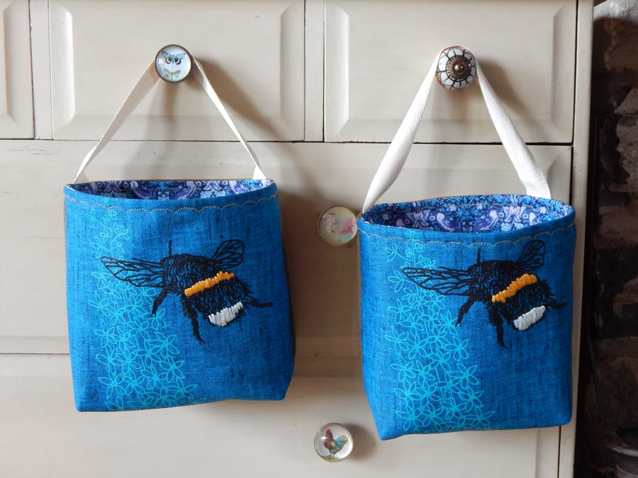 Bee and Delphinium fabric storage basket - Blue