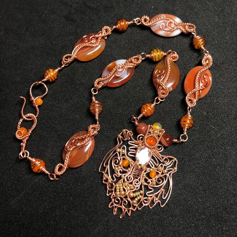 Agate Tiger Wire Wrapped Necklace in Copper, Quartz and Agate gemstones