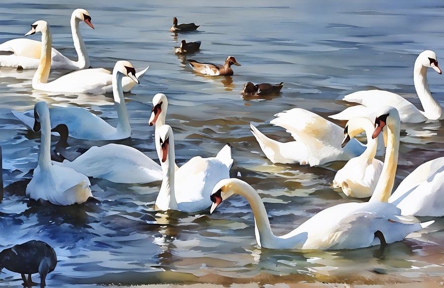 Print of Original Water Colour A4 Lots of Swans 