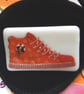 HANDMADE FUSED DICHROIC GLASS 'RED HIGHTOPS' BROOCH.