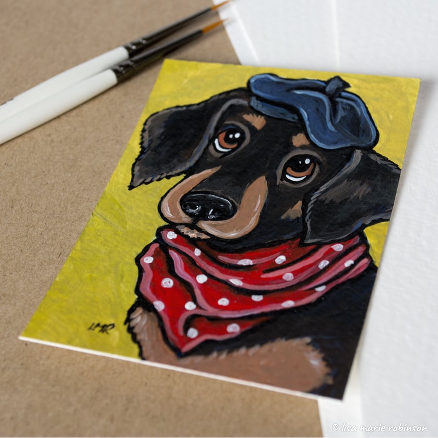 Dachshund Sausage Dog in a Beret - Original ACEO